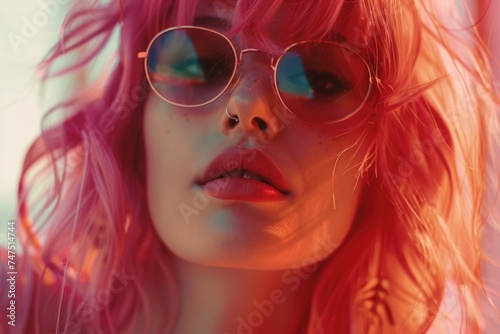Stylish woman with pink hair and glasses, suitable for fashion or lifestyle concepts