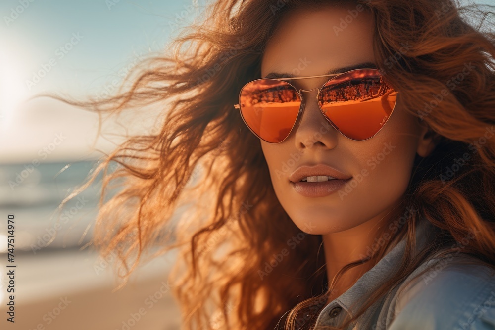 Woman with long hair wearing sunglasses on the beach. Perfect for travel or summer vacation concepts