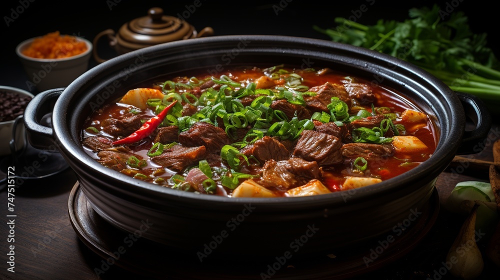 Beef rendang dish with a mixture of several additional vegetables that is appetizing is served in a typical Indonesian bowl Beef rendang dish with a mixture of several additional vegetables that is appetizing is served in a typical Indonesian bowl