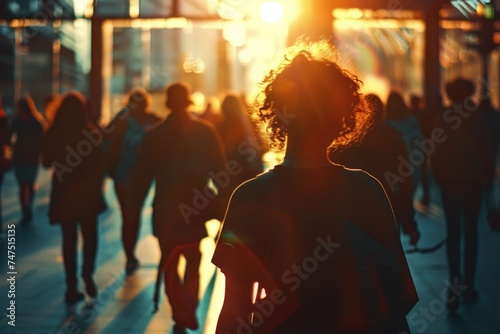 A group of people walking down a sidewalk at sunset. Ideal for lifestyle and urban scenes