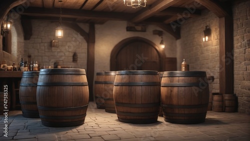 Medieval Inn Scene With Beer Barrels, 3D Render.