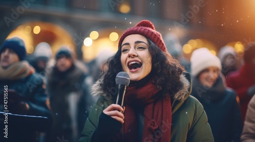 A woman singing into a microphone in front of a crowd. Ideal for music events