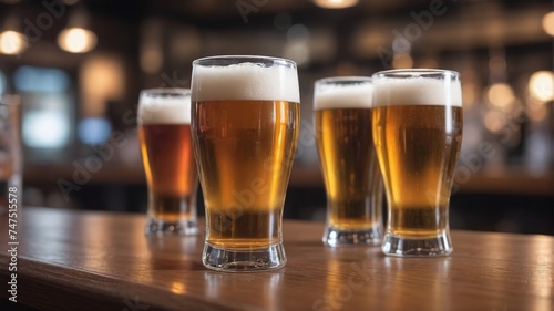 Draft Beer Glasses On Bar, Blurred Background.
