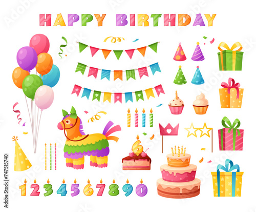 Birthday party elements. Vector set of birthday decorations with colorful balloons, cupcakes, cake, gifts presents, candles, flags, pinata. Congratulations, invitation concept for postcard, banner 
