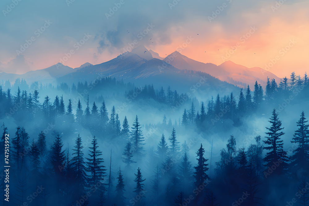 Foggy mountain landscape at sunset in Carpathian mountains - obrazy, fototapety, plakaty 