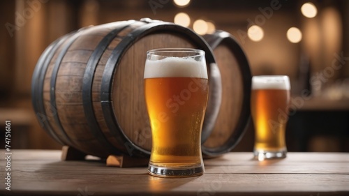 Beer Barrel On Wood Table With Blurred Background.