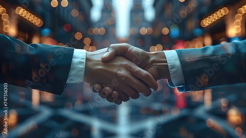 Close-up business handshake between business partners, on background technology, symbolizing unity, understanding and teamwork. Generative AI. photo