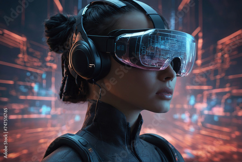 Portrait of a cyberpunk woman in a VR headset, in glasses of virtual reality, surrounded by virtual landscapes.