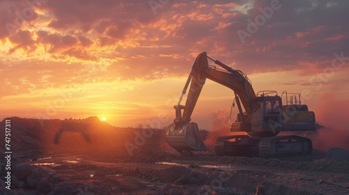 Large excavator working on a construction site during sunset. Perfect for construction and industrial themed projects