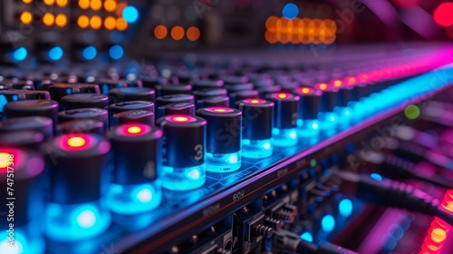 Audio Mixing Console with Illuminated Knobs and Faders photo