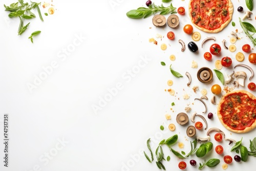 Two appetizing pizzas with various toppings on a white table. Suitable for food and restaurant concepts photo