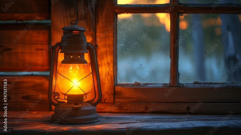 Old-Fashioned Lantern by a Frosty Cabin Window