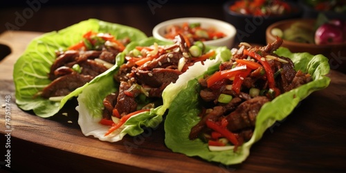 Three lettuce wraps filled with meat and vegetables, perfect for healthy eating concept