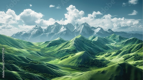 Green tropical hills with many peaks background. Generative AI. © visoot