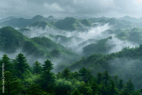 Foggy mountain landscape with green pine trees and foggy sky