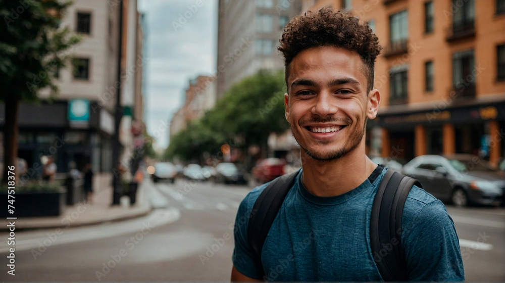 A portrait of sporty smiling young man standing on a city street A portrait of sporty smiling young man standing on a city street