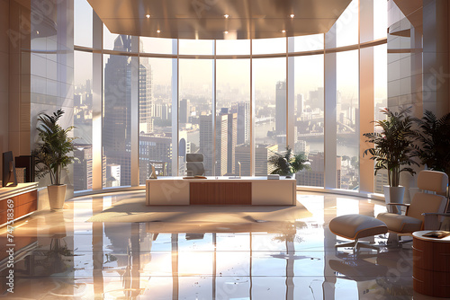 A luxurious office interior with expansive panoramic windows offering a cityscape view. 