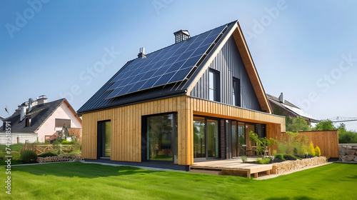 Modern wooden house with solar panels on the roof. 3d rendering. Eco friendly passive house with a photovoltaic system on the roof.