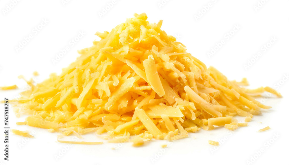Cheddar käse gerieben isoliert auf weißen Hintergrund, Freisteller Cheddar käse gerieben isoliert auf weißen Hintergrund, Freisteller