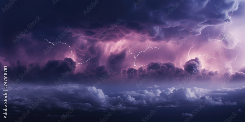 Dramatic purple and blue sky with clouds and lightning. Perfect for weather and natural disaster concepts