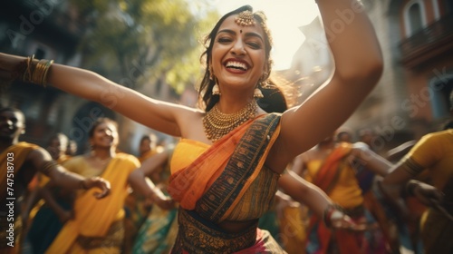 A woman in an orange and yellow sari dancing. Suitable for cultural events