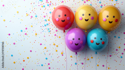 Five Colorful Smiley Balloons with Confetti on a White Background