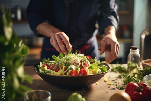 A person preparing a salad in a bowl, ideal for food and cooking concepts