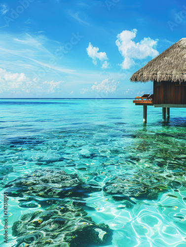 Tropical resort with clear blue water - Crystal clear blue waters surround a luxurious tropical resort with overwater bungalows, expressing paradise