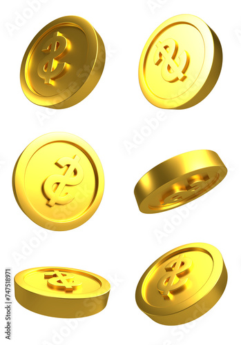 Dollar Glosy Gold Coin Set PNG. Transparent Background photo
