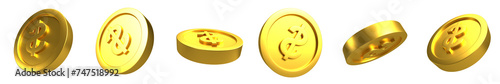 Dollar Glosy Gold Coin Set PNG. Transparent Background photo