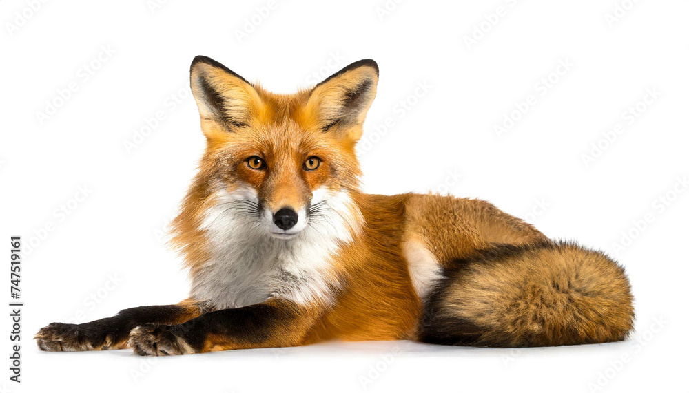 Fuchs liegend isoliert auf weißen Hintergrund, Freisteller Fuchs liegend isoliert auf weißen Hintergrund, Freisteller