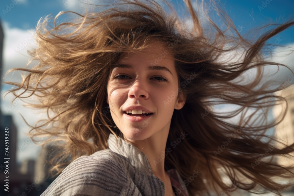 A woman with her hair blowing in the wind. Suitable for beauty and lifestyle concepts A woman with her hair blowing in the wind. Suitable for beauty and lifestyle concepts