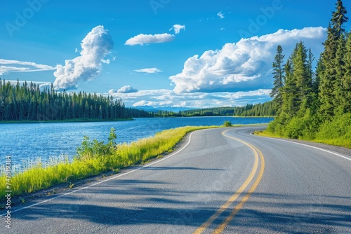 A scenic view of a paved road running alongside a peaceful body of water. Ideal for travel or nature concepts photo