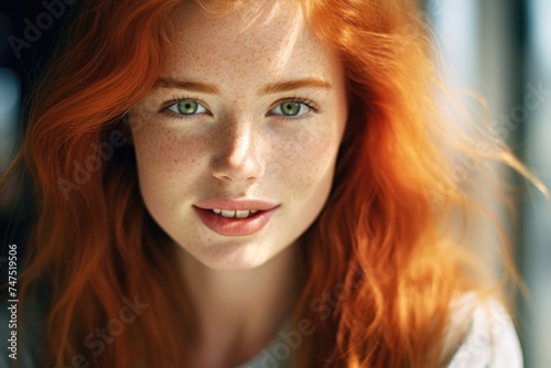 Close up image of a woman with vibrant red hair. Perfect for beauty or fashion concepts