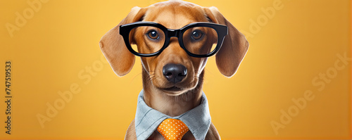 Funny dog in glasses with tie on blue background. photo