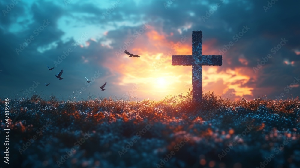 Solitary Cross at Sunset with Flying Birds