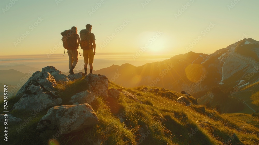 Couple standing on a mountain top, suitable for travel and adventure themes