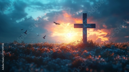 Solitary Cross at Sunset with Flying Birds