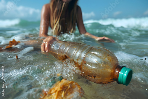 Young woman collecting plastic waste on the beach. Environmental pollution concept