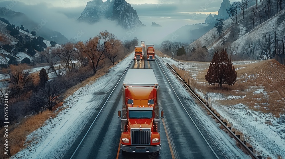 American trucks driving on the highway, aerial view. Generative AI.