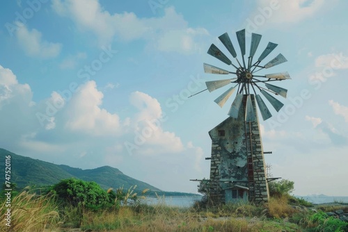 A picturesque windmill standing on a hill overlooking a tranquil body of water. Suitable for travel and nature concepts