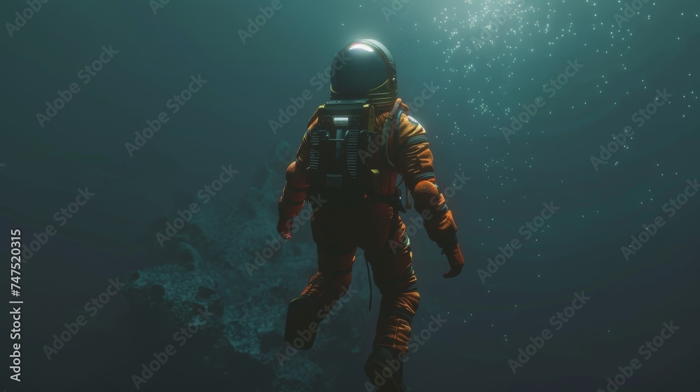 A man wearing a diving suit is seen underwater, exploring the depths of the ocean with a breathing apparatus.