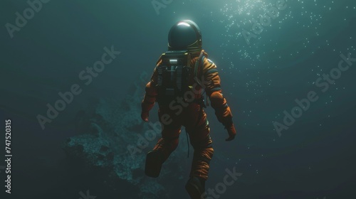 A man wearing a diving suit is seen underwater, exploring the depths of the ocean with a breathing apparatus.