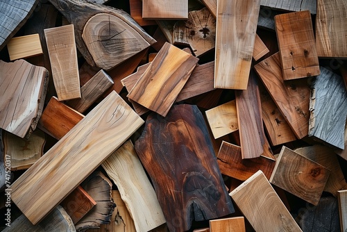 various hardwood and softwood offcuts in a pile  photo