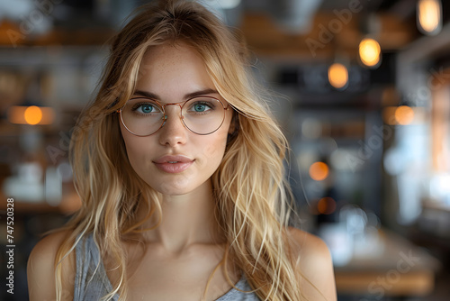 portrait of beautiful girl in eyeglasses looking at camera in cafe