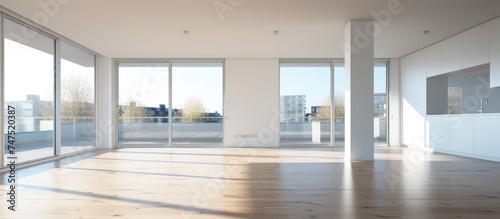 An empty, modern room featuring multiple large windows, allowing ample natural light to enter and illuminate the space. The room is characterized by its minimalist design and clean lines.