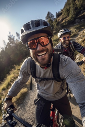 Two men cycling down a dirt road, perfect for outdoor activities promotion