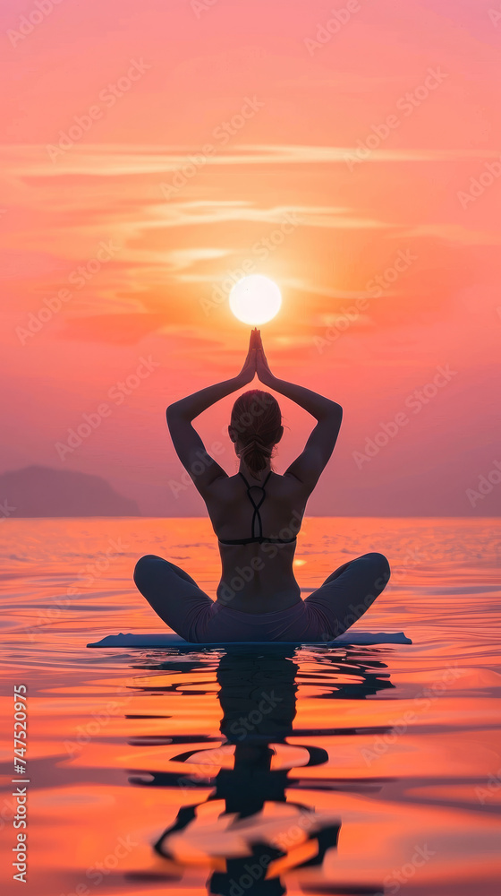 Woman meditating at sunset over calm water - A serene woman practicing meditation at sunset, harmoniously aligned with the sun over peaceful water, illustrating mindfulness and inner peace