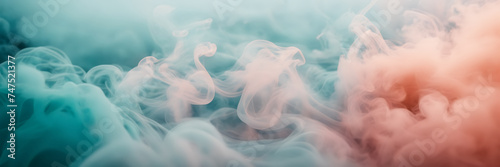 Photograph capturing the ethereal beauty of smoke tendrils in hues of aquamarine and seafoam against a backdrop of coral blush.