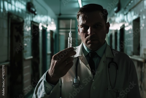 In a shadowy, old hospital, a doctor holds a suspicious vial, casting doubts about the test it contains
